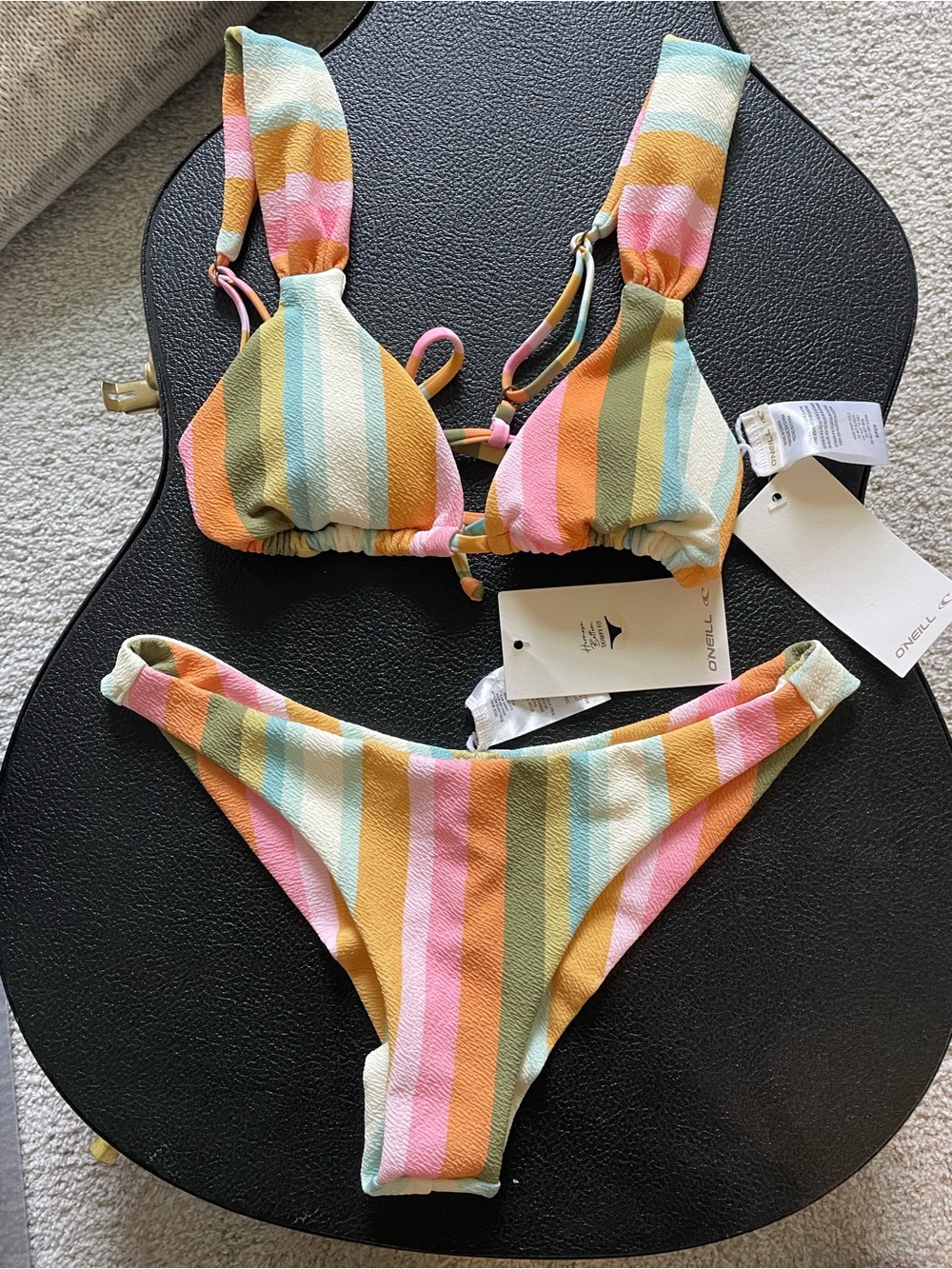 Retro O'Neill low tide bikini striped rainbow colorful 70's pattern